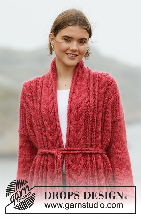 Winter Cardinal Cardigan / DROPS 205-24 - Knitted long jacket in DROPS Nepal and DROPS Kid-Silk. Piece is knitted with cables, shawl collar and belt. Size: S - XXXL