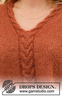 Golden Fall / DROPS 205-37 - Pulôver tricotado com torcidos e decote em V e gola xaile, com 2 fios DROPS Kid-Silk ou 1 fio DROPS Brushed Alpaca Silk. Do S ao XXXL.
