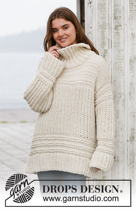 Holmenkollen / DROPS 205-48 - Knitted sweater with open ridges, false English rib and high collar in DROPS Andes. Size: S - XXXL