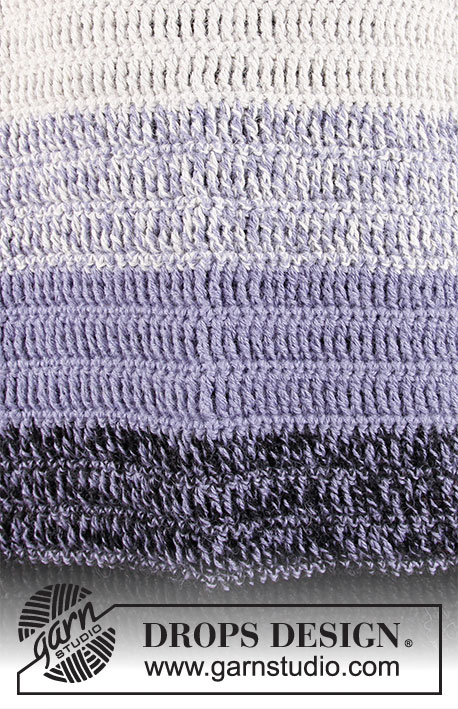 Purple Dawn / DROPS 206-13 - Ylhäältä alas virkattu pusero 2-kertaisesta DROPS Alpaca-langasta. Työssä on raglanlinjat ja raitoja. Koot S-XXXL.