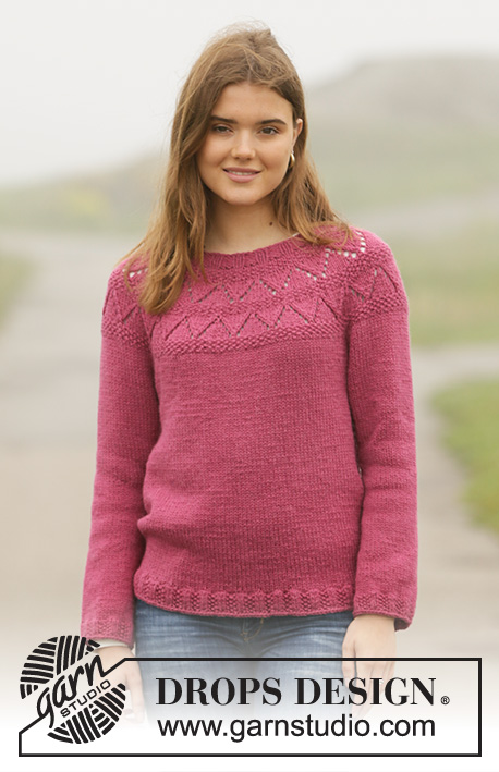 Frambuesa Sweater / DROPS 206-16 - Knitted jumper in DROPS Nepal. The piece is worked top down with lace pattern and moss stitch on the yoke. Sizes S - XXXL.