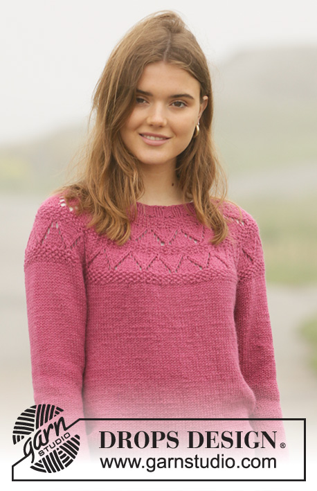 Frambuesa Sweater / DROPS 206-16 - Strikket bluse i DROPS Nepal. Arbejdet strikkes oppefra og ned med hulmønster og perlestrik på bærestykket. Størrelse S - XXXL.