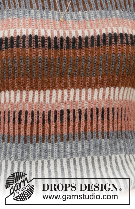 Lake Autumn / DROPS 206-2 - Sweter na drutach przerabiany od góry do dołu dwukolorowym ściegiem angielskim w paski, z reglanowymi rękawami, z włóczki DROPS Sky. Od S do XXXL