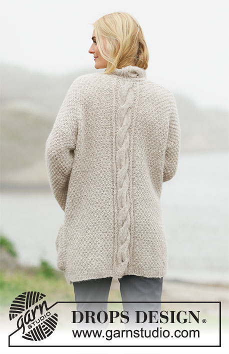 True North / DROPS 206-25 - Knitted long jacket in DROPS Sky and DROPS Brushed Alpaca Silk. Knitted with moss stitch, cables and pockets. Size: S - XXXL
