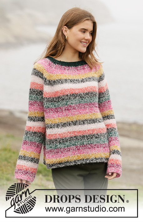 Friends Forever / DROPS 206-38 - Crocheted jumper with raglan in 2 strands DROPS Brushed Alpaca Silk. The piece is worked top down with stripes. Sizes S - XXXL.