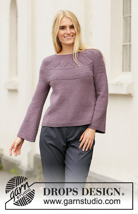 Quiet Moments / DROPS 206-9 - Knitted jumper in DROPS Flora. The piece is worked top down with round yoke and with rib, leaf pattern and false Fisherman’s rib on the yoke. Sizes S - XXXL.