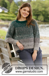 Forest Shadows Sweater / DROPS 207-15 - Pull tricoté de haut en bas avec rayures et emmanchures raglan, avec 3 fils DROPS Brushed Alpaca Silk. Du S au XXXL.