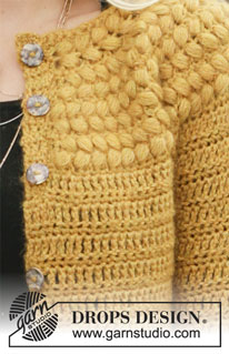Autumn Gold Jacket / DROPS 207-20 - Crocheted jacket in DROPS Sky and DROPS Kid-Silk. The piece is worked with a round yoke, top down and with puff-stitches on the yoke. Sizes S - XXXL.