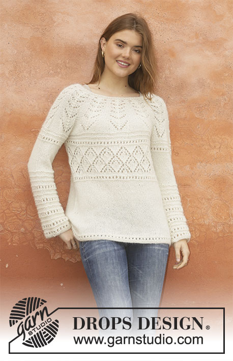 Story of Snow / DROPS 207-24 - Knitted sweater with round yoke in 1 strand DROPS Alpaca and 1 strand DROPS Kid-Silk. Piece is knitted top down with lace pattern. Size S-XXXL.