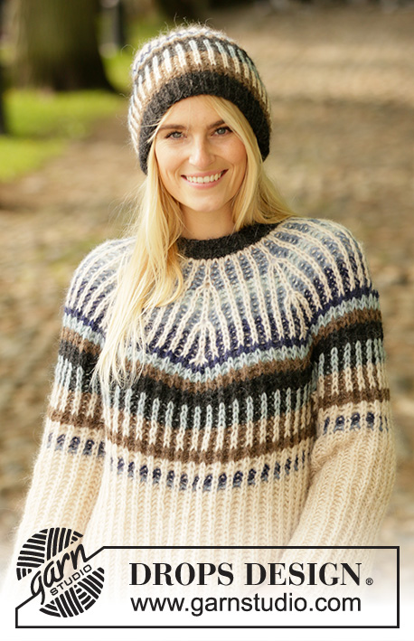 Urban Autumn / DROPS 207-26 - Knitted sweater and hat in DROPS Air. The piece is worked top down with one-colored English rib and 2-colored English rib in stripes. Sizes S - XXXL.