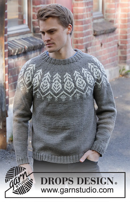 Mandal / DROPS 208-15 - Knitted jumper for men with round yoke and Nordic pattern in DROPS Merino Extra Fine. The piece is worked top down. Sizes S - XXXL.