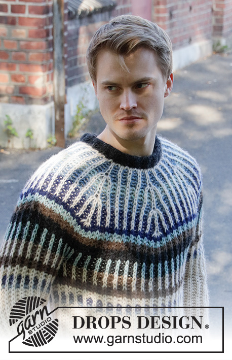 Urban Autumn / DROPS 208-17 - Męski sweter na drutach, przerabiany od góry do dołu, z włóczki DROPS Air, ściegiem angielskim jednolitym i dwukolorowym ściegiem angielskim w paski. Od S do XXXL.