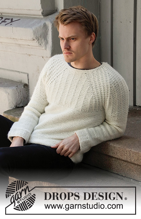 Sweet Pearl / DROPS 208-6 - Jumper with garter stitch and raglan for men, knitted top down. Size: S - XXXL Piece is knitted in DROPS Air.