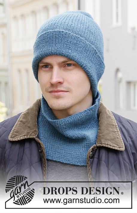 Blue Winter / DROPS 208-7 - Knitted hat/ hipster hat and neck warmer for men in DROPS Alpaca with rib.