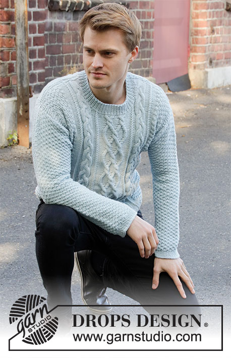 Winter Delight / DROPS 208-8 - Knitted sweater for men in DROPS Merino Extra Fine. The piece is worked with cables and double moss stitch. Sizes S – XXXL.