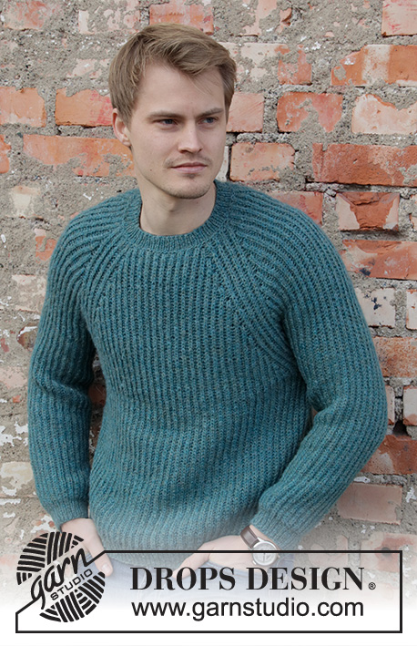 Lagoon / DROPS 208-9 - Knitted jumper with raglan for men in DROPS Sky. Piece is knitted top down with English rib. Size: S - XXXL