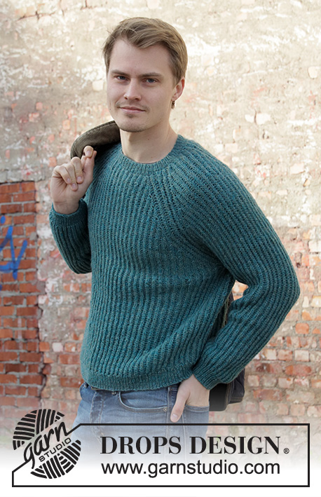 Lagoon / DROPS 208-9 - Knitted jumper with raglan for men in DROPS Sky. Piece is knitted top down with English rib. Size: S - XXXL