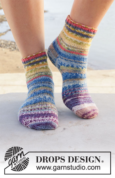 Festival Socks / DROPS 209-19 - Knitted socks with stripes in DROPS Fabel. Sizes 35 - 43.