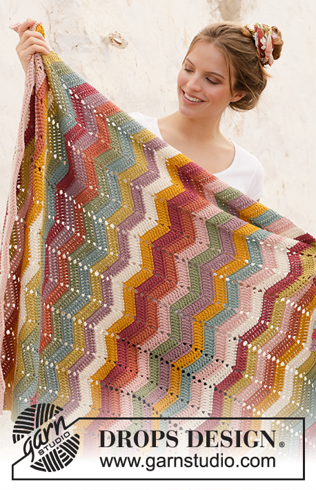 Catch the Rainbow / DROPS 209-2 - Crocheted blanket with zig-zags and stripes in DROPS Paris.