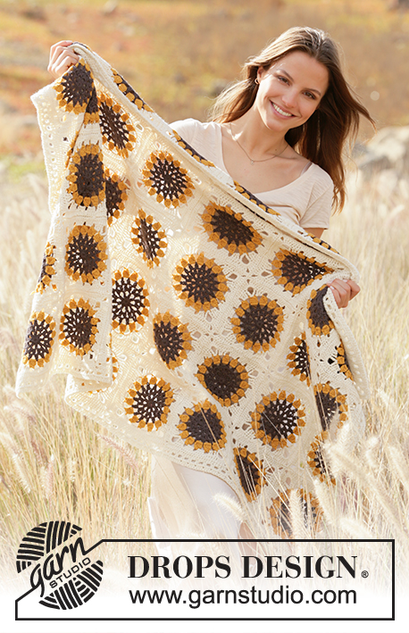 Golden Garden / DROPS 209-3 - Crochet blanket in squares with sunflower in DROPS Lima.