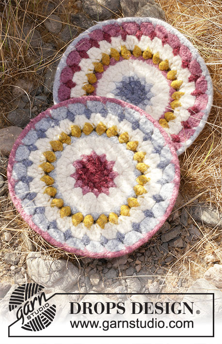 Flowering Frills / DROPS 209-4 - Crocheted and felted sitting mats in DROPS Snow.