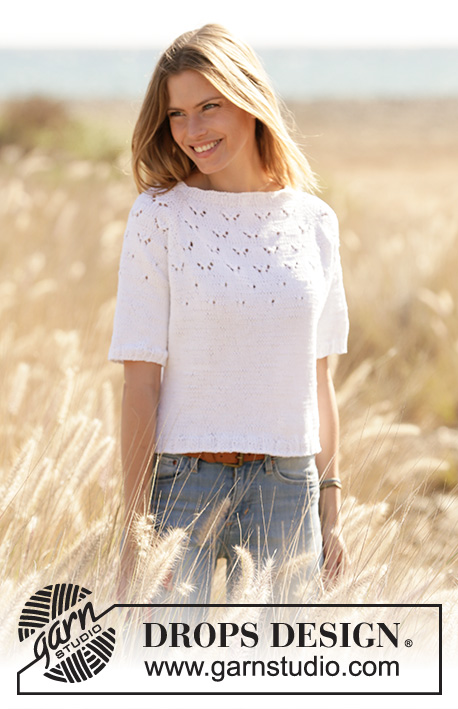 Flocking Gulls / DROPS 210-15 - Knitted sweater with short sleeves and raglan in DROPS Muskat. Piece is knitted top down with lace pattern. Size: S - XXXL