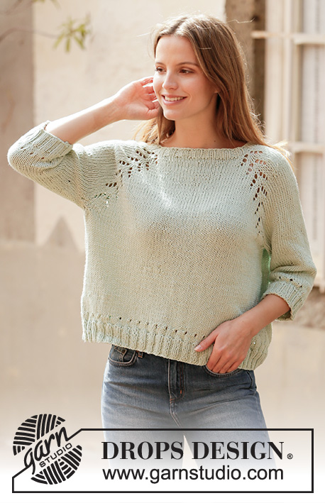 Mint Tea Sweater / DROPS 210-19 - Strikket genser med raglan i DROPS Paris. Arbeidet strikkes ovenfra og ned med hullmønster. Størrelse XS - XXL.