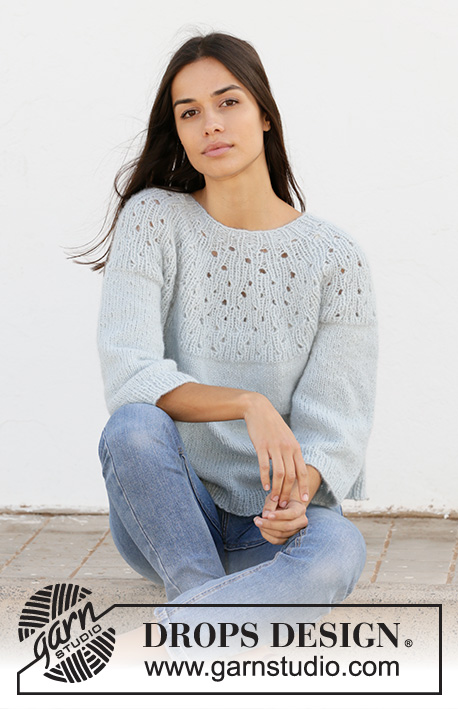 Cloud Dancer / DROPS 210-21 - Knitted jumper in DROPS Air. The piece is worked top down with round yoke, lace pattern in rib on the yoke and ¾-length sleeves. Sizes XS - XXL.
