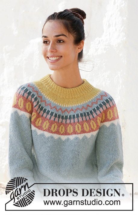 Retro beauty / DROPS 210-6 - Knitted sweater with round yoke in DROPS Sky. The piece is worked top down with multi-colored pattern. Sizes S - XXXL.