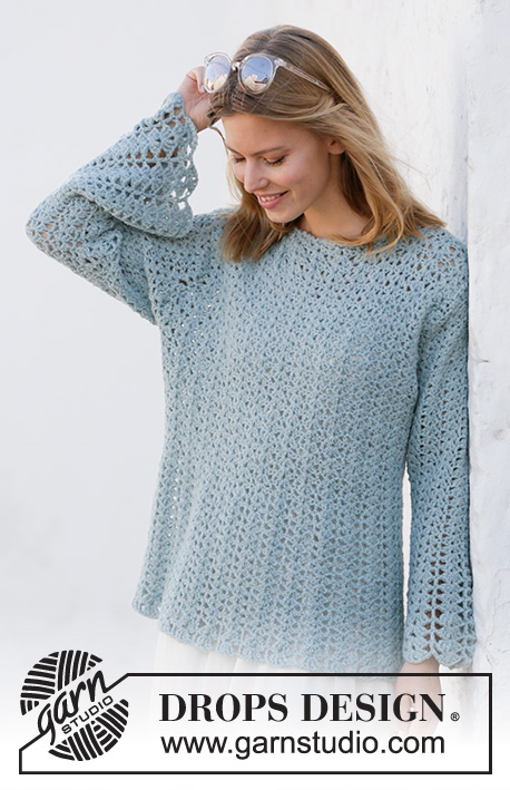 Mermaid Magic / DROPS 210-7 - Crocheted jumper in DROPS Sky. Piece is crocheted top down with A-shape, fan pattern and wing sleeves. Size XS/S - XXXL.