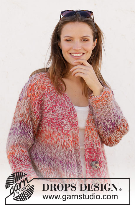 Sunsets and Sand Jacket / DROPS 212-18 - Knitted jacket with moss stitch and V-neck in DROPS Big Delight and DROPS Melody. Size XS–XXL.
