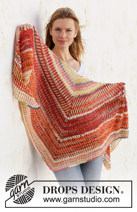 Phoenix Wrap / DROPS 212-21 - Knitted shawl with 2 colored English rib in DROPS Fabel. Piece is knitted top down , with stripes and eyelet rows.