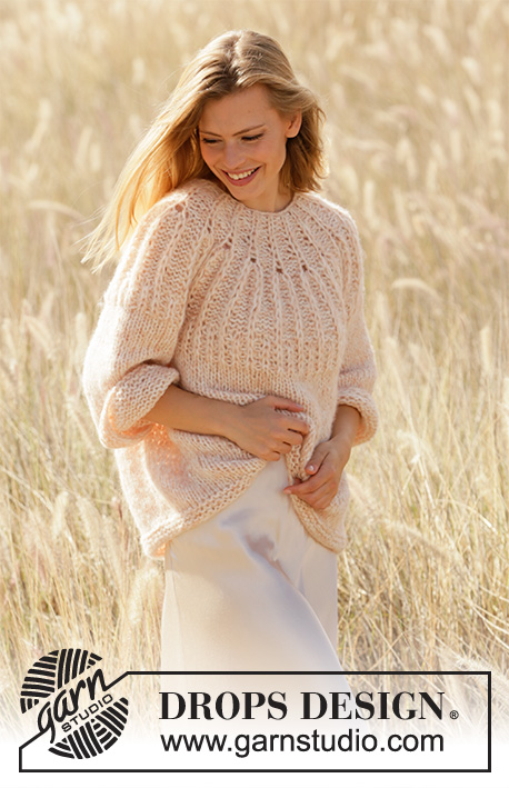 Summer Peach / DROPS 212-26 - Knitted jumper in DROPS Air and DROPS Brushed Alpaca Silk. Piece is knitted top down with Fisherman’s rib stitches on yoke and ¾ sleeves. Size XS – XXL.