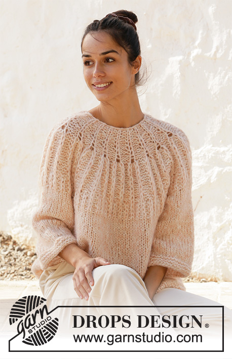 Summer Peach / DROPS 212-26 - Knitted jumper in DROPS Air and DROPS Brushed Alpaca Silk. Piece is knitted top down with Fisherman’s rib stitches on yoke and ¾ sleeves. Size XS – XXL.