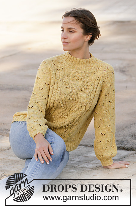 Golden Moments / DROPS 213-16 - Knitted sweater with raglan in DROPS Belle. Piece is knitted top down with lace pattern, cables and bobbles. Size XS–XXL.