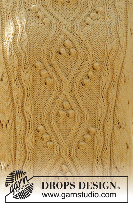 Golden Moments / DROPS 213-16 - Gebreide trui met raglan in DROPS Belle. Het werk wordt van boven naar beneden gebreid met kantpatroon, kabels en bobbels. Maat XS–XXL.