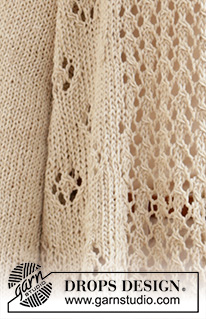 Free Flow / DROPS 213-18 - Casaco comprido tricotado em DROPS Bomull-Lin ou DROPS Paris, com gola xaile e ponto rendado. Do XS ao XXL.