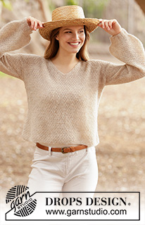 Oats and Honey / DROPS 213-20 - Knitted sweater with V-neck in DROPS Brushed Alpaca Silk. The piece is worked with double moss stitch and balloon sleeves. Sizes XS - XXL.