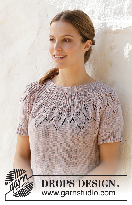 Lavender Charm Top / DROPS 213-22 - Knitted top with round yoke in DROPS Muskat. The piece is worked top down with leaf pattern and lace pattern. Sizes S - XXXL.