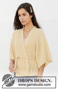 Summer Promise / DROPS 213-24 - Knitted wrap-around jacket with raglan in DROPS BabyAlpaca Silk and DROPS Kid-Silk. Piece is knitted with lace pattern and ¾ sleeves. Size: S - XXXL