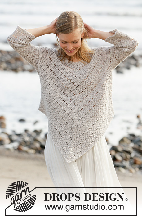 Hey June / DROPS 213-35 - Crocheted poncho jumper with raglan in DROPS Sky. Piece is crocheted top down at an angle, A-shape and lace pattern. Size XS–XXL.