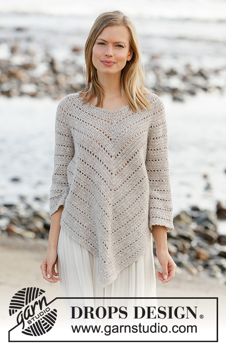Hey June / DROPS 213-35 - Crocheted poncho jumper with raglan in DROPS Sky. Piece is crocheted top down at an angle, A-shape and lace pattern. Size XS–XXL.