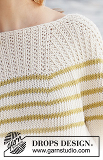 Breaking Sunlight / DROPS 213-36 - Knitted sweater with round yoke in DROPS Paris. The piece is worked top down with stripes and textured pattern. Sizes S - XXXL.