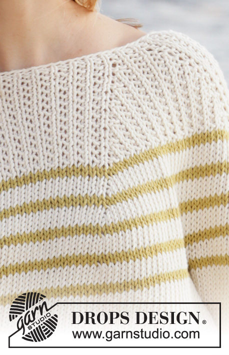 Breaking Sunlight / DROPS 213-36 - Knitted sweater with round yoke in DROPS Paris. The piece is worked top down with stripes and textured pattern. Sizes S - XXXL.