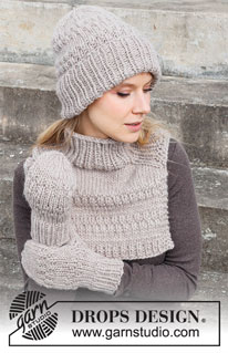 Cocoa Beans Set / DROPS 214-23 - Knitted hat, neck warmer with saddle shoulder and mittens in DROPS Snow. Knit the entire set in textured pattern.