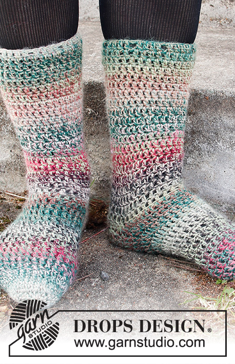 Rainbow Racers / DROPS 214-58 - Crochet socks in 2 strands DROPS Delight. Work top down. Size 35-43.