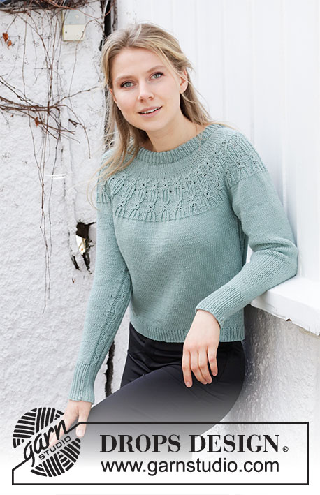 Wild Mint Sweater / DROPS 215-16 - Knitted jumper in DROPS Cotton Merino. Piece is knitted top down with double neck, round yoke and texture pattern. Size: S - XXXL