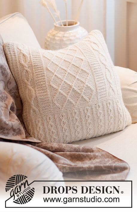 Ice Castles Pillow / DROPS 215-41 - Knitted cushion-cover with cables in DROPS Puna.