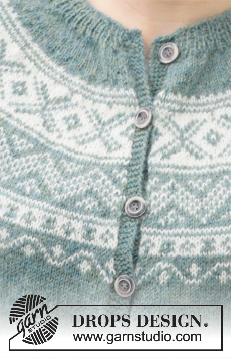 Scent of Pine Jacket / DROPS 215-7 - Casaco tricotado de cima para baixo em DROPS Alpaca com jacquard norueguês no encaixe e na parte de baixo das mangas. Do S ao XXXL.