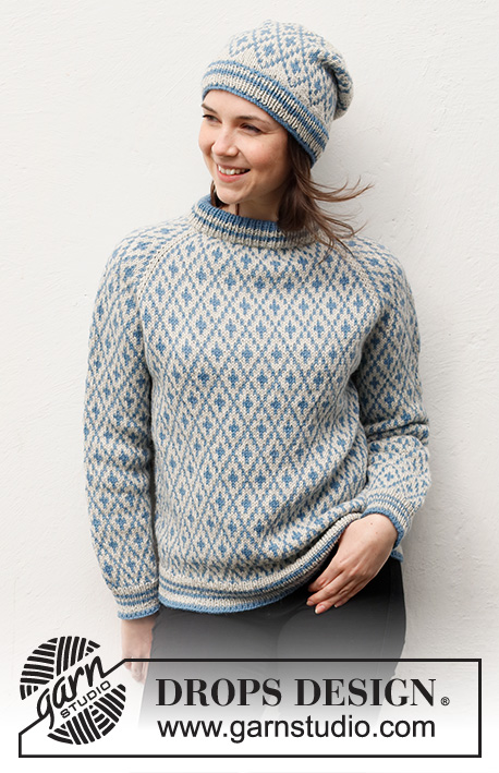 Fjord Mosaic / DROPS 216-28 - Knitted sweater and hat in DROPS Lima. Sweater is knitted top down with double neck edge, raglan and Nordic pattern. Hat is knitted with Nordic pattern. Size: S - XXXL